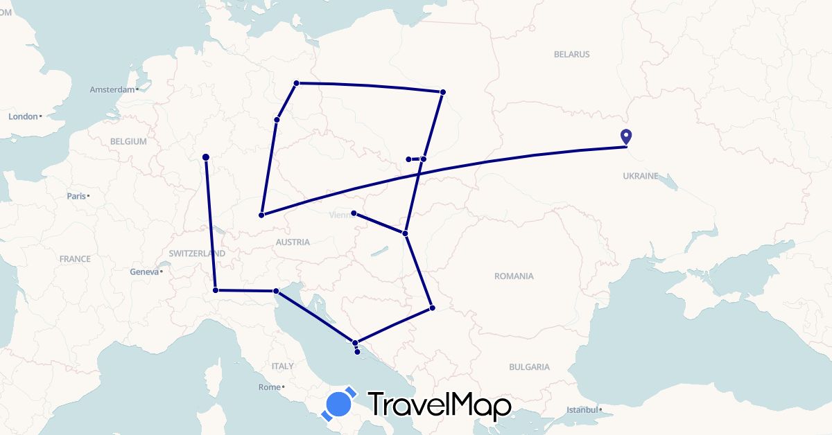 TravelMap itinerary: driving in Austria, Germany, Croatia, Hungary, Italy, Poland, Serbia, Ukraine (Europe)